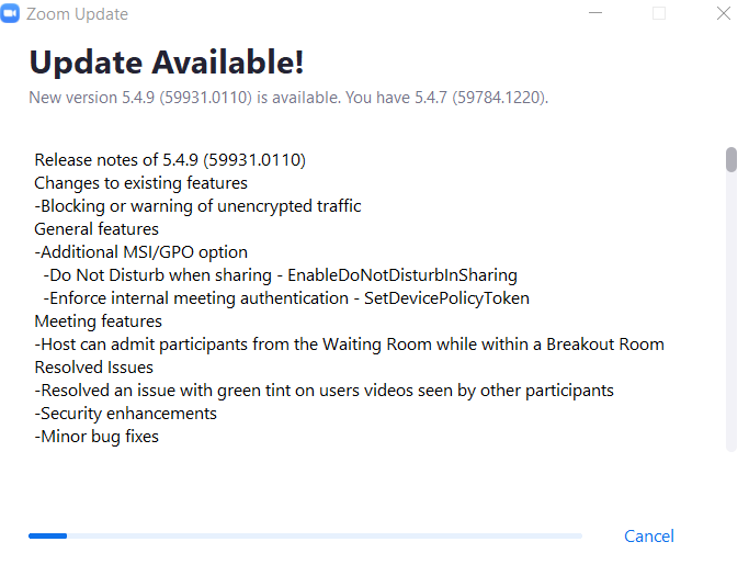 Zoom update window showing release notes for update.