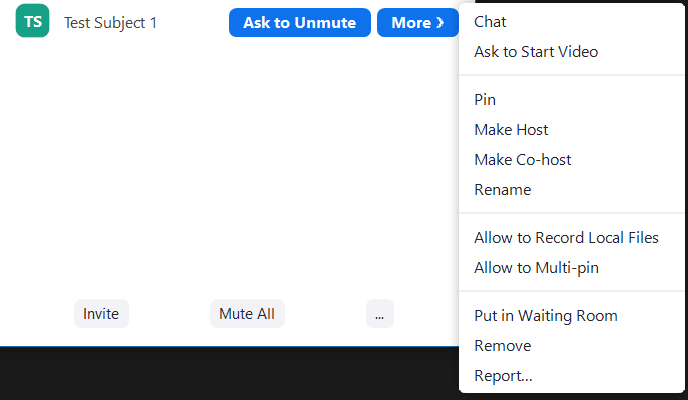 Image of the Participant menu in Zoom showing the options for an individual user. 